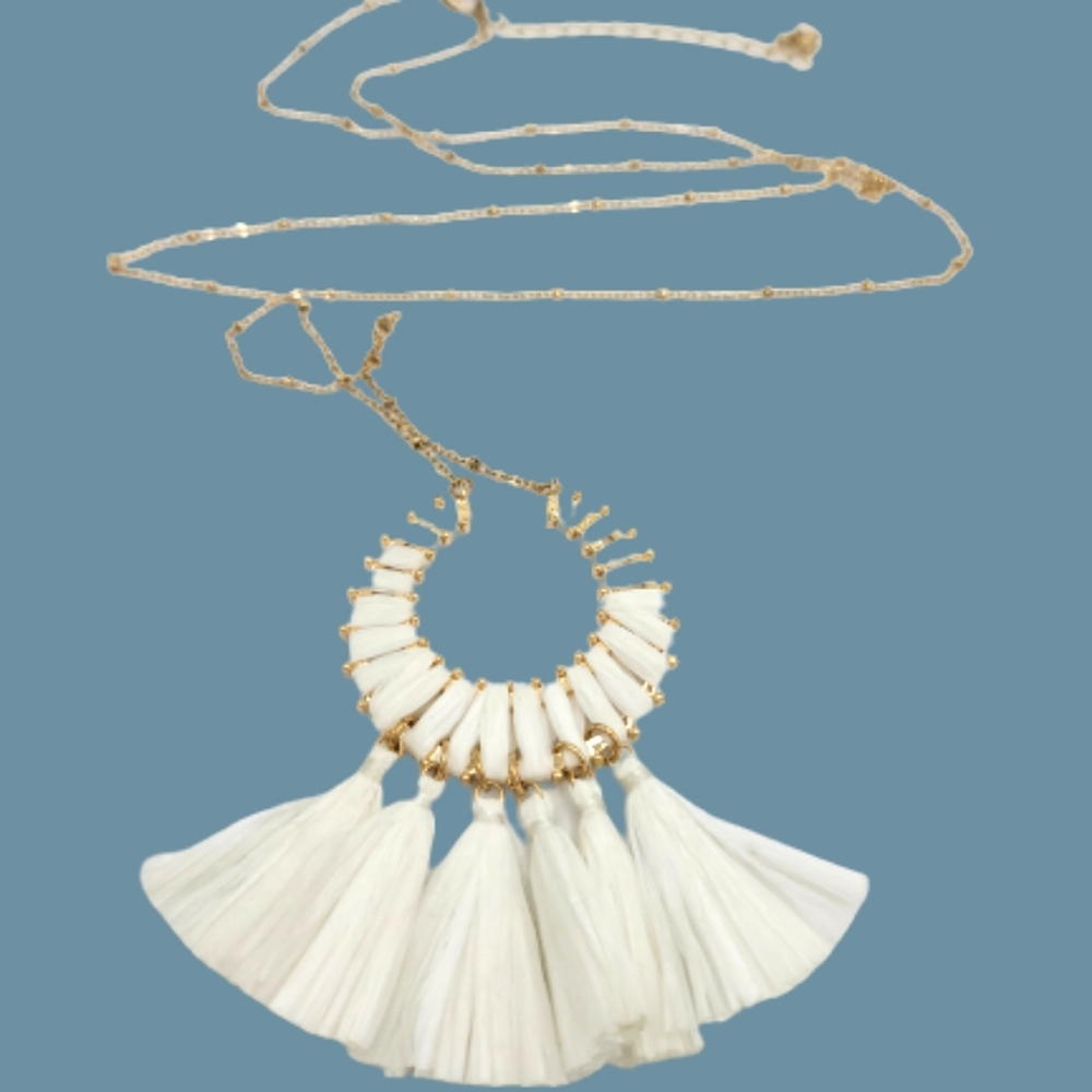 Half Moon Circle Fan Tassel Fringe Opera Lengt Gold tone Textured Chain Necklace